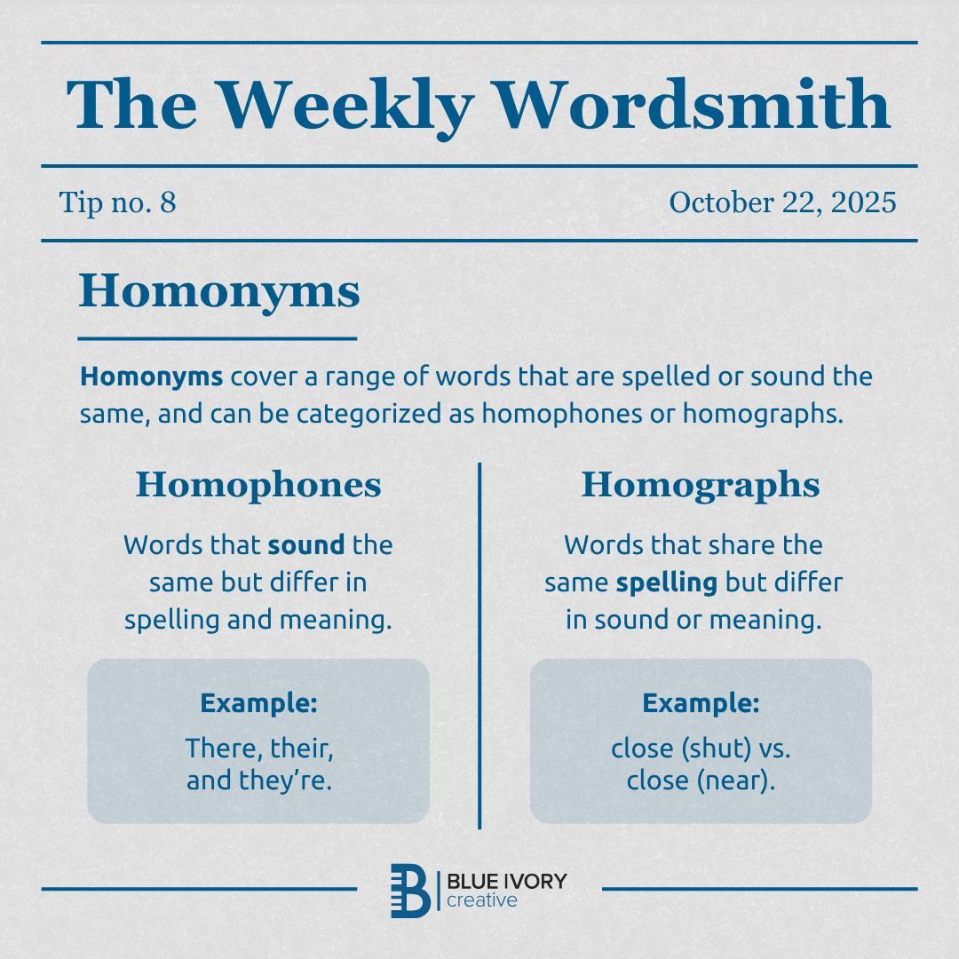 BIvoryCreative's tweet image. Homonyms can trip up even seasoned writers! 📝 This week’s #WeeklyWordsmith breaks down the difference between homophones and homographs. 

#grammartips #contentwriting #copywriting