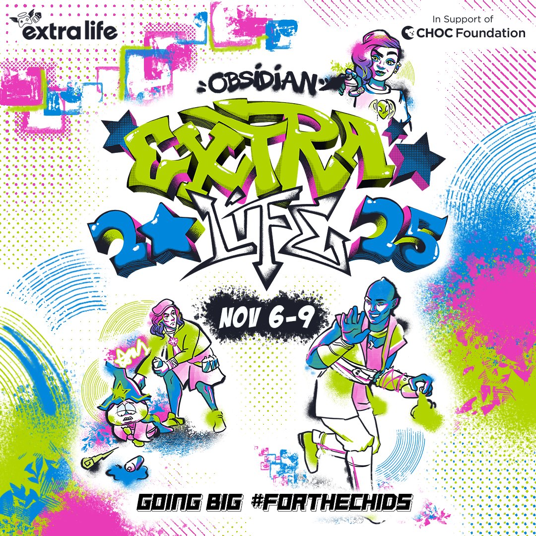 Obsidian's tweet image. From the canvas to the cause! Tune in on Twitch and YouTube for the 11th Annual @ExtraLife4Kids Stream event—featuring giveaways, special guests, and more as we raise money for charity in support of @chocchildrens (@CMNHospitals). 💙 

🗓️ Starts Thursday, November 6th at 10am PT…