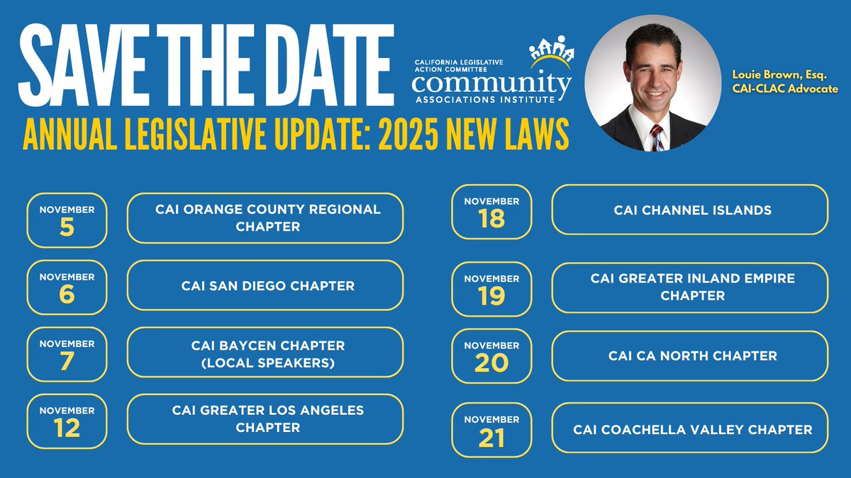 CAICLAC's tweet image. SAVE THE DATE! Your CAI California Chapters will be hosting their Annual Legislative Update – and CAI-CLAC will be visiting several in person! We hope to see you there. 

#CAleg #CLACAdvocacy #CommunityAssociations #HOAlife