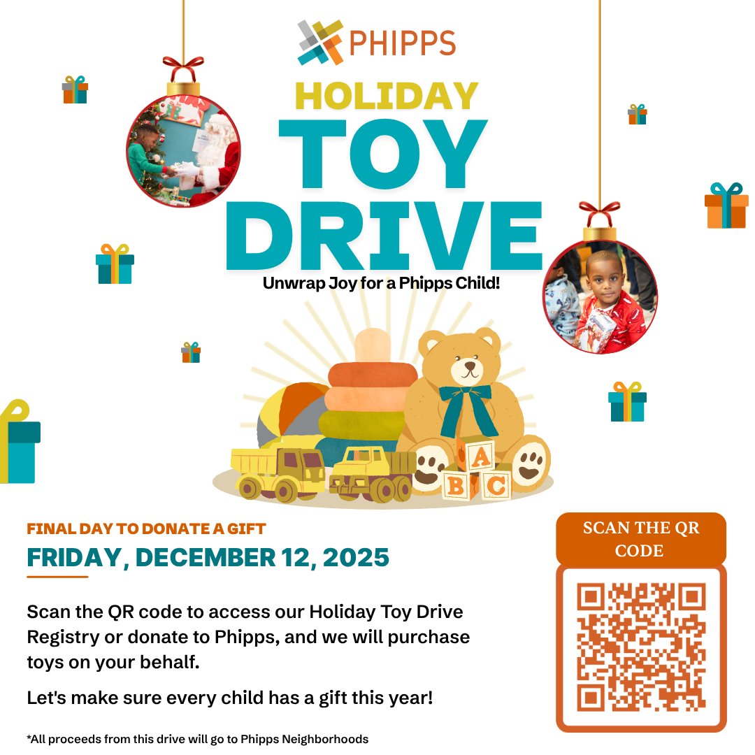It’s our annual Toy Drive! With your support, we can make a child’s holiday wish come true this holiday season.

Looking to spread joy?
Select and purchase a Gift from the Registry: bit.ly/PhippsHolidayT… 
Donate, and we’ll purchase the gift for you!:  bit.ly/ToyDriveDonati…