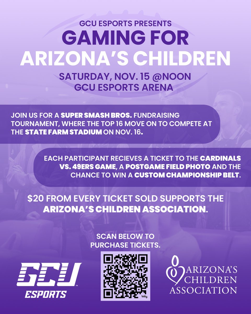 Esports_GCU's tweet image. 🔥 HISTORY IN THE MAKING 🔥
GCU Esports becomes the first college esports program in Arizona to partner with a pro sports franchise: the @AZCardinals 🏈🎮

Super Smash Bros. kicks off at GCU, then the top 16 battle LIVE at State Farm Stadium 🏟️
🗓️ Nov. 15-16

#GCUEsports #LopesUp