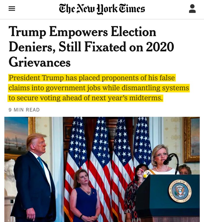 MaxFlugrath's tweet image. NEW: Trump’s team is plotting to declare a fake national emergency to hijack elections.
One top operative says they can “take steps without Congress” and “mandate" election rules for states.
@NYTimes' investigation exposes the operatives and the takeover already underway. ⬇️