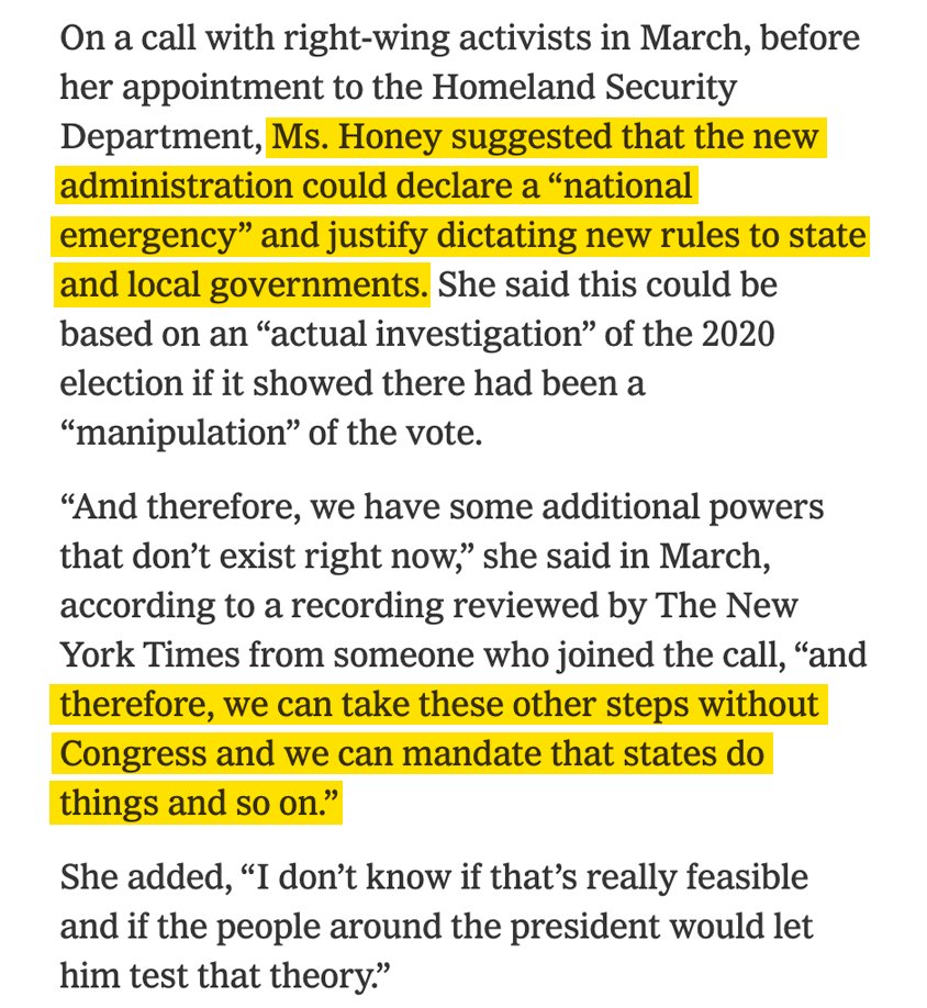 MaxFlugrath's tweet image. NEW: Trump’s team is plotting to declare a fake national emergency to hijack elections.
One top operative says they can “take steps without Congress” and “mandate" election rules for states.
@NYTimes' investigation exposes the operatives and the takeover already underway. ⬇️