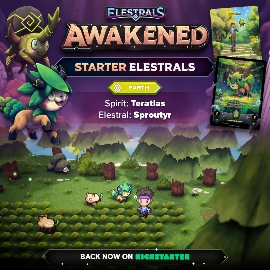 Journey through #ElestralsAwakened with the Earth Elemental Spirit, Teratlas, and the Elestral, Sproutyr! 🍃

Elestrals Awakened will be coming to Steam and the Nintendo Switch! 🎮

Back the Kickstarter TODAY &amp; pick up the exclusive Founder Promos with your Pledge!