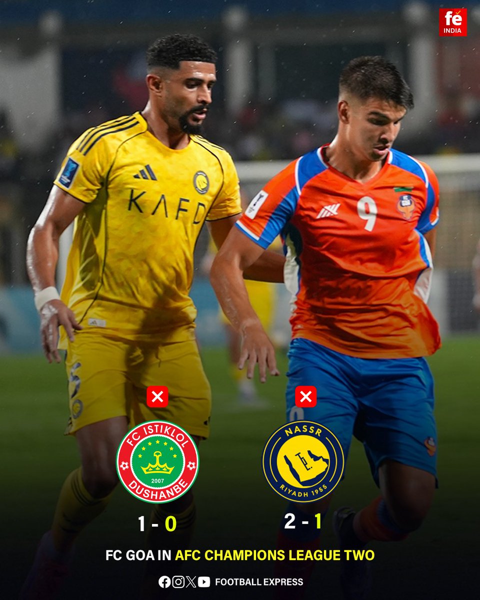 FExpressIndia's tweet photo. FC Goa's continental struggle continues, with a third straight loss tonight (1-2 vs. Al-Nassr). While they found their first goal, the gap remains clear. 0 points from 3 matches for the Gaurs.
#AFCCL2 #FCGoa #IndianFootball #AlNassr #FootballJournal https://t.co/2Bishh2SsF