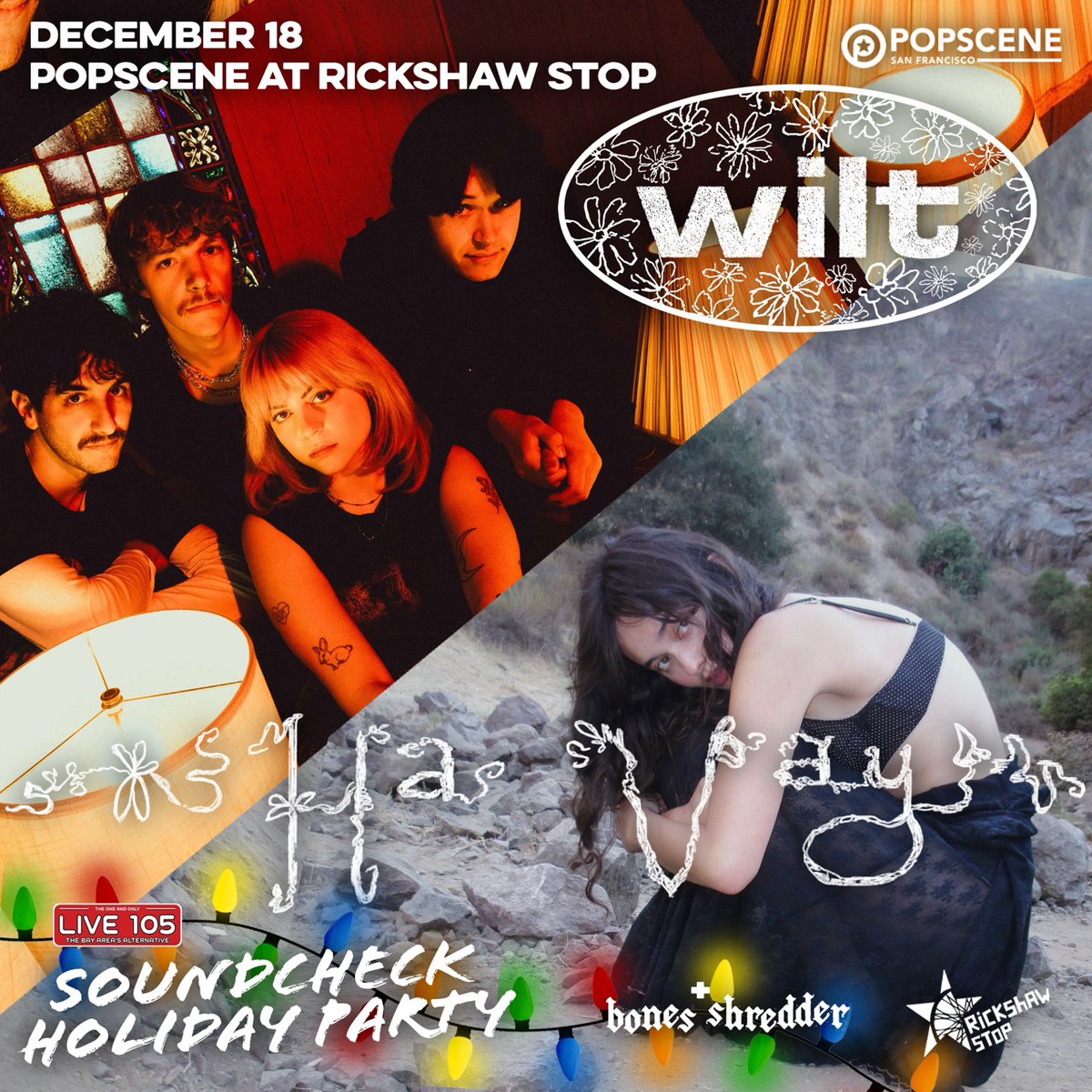 aaron axelsen 🪩 (@aaronaxelsen) on Twitter photo Hey Bay!
Very excited to announce the SOUNDCHECK HOLIDAY PARTY 🥳🪩🎄🎅
WILT (LA)
HA VAY (SF)
BONES SHREDDER (San Jose)
Thursday, 12/18
<a href="/rickshawstopsf/">Rickshaw Stop</a>
7:30pm/18+
<a href="/popsceneSF/">POPSCENE Presents</a> <a href="/live105fm/">LIVE 105</a> <a href="/soundcheckspins/">LIVE 105’s SOUNDCHECK</a>
TIX ON SALE THIS FRIDAY, 10/24 AT 10AM 🎟️
wl.eventim.us/event/wilt-ha-… Hey Bay!
Very excited to announce the SOUNDCHECK HOLIDAY PARTY 🥳🪩🎄🎅
WILT (LA)
HA VAY (SF)
BONES SHREDDER (San Jose)
Thursday, 12/18
<a href="/rickshawstopsf/">Rickshaw Stop</a>
7:30pm/18+
<a href="/popsceneSF/">POPSCENE Presents</a> <a href="/live105fm/">LIVE 105</a> <a href="/soundcheckspins/">LIVE 105’s SOUNDCHECK</a>
TIX ON SALE THIS FRIDAY, 10/24 AT 10AM 🎟️
wl.eventim.us/event/wilt-ha-…