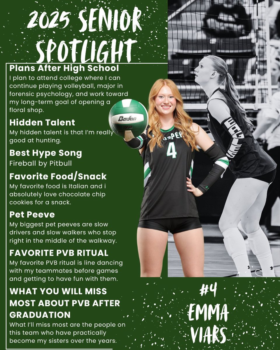 prospervb's tweet image. Next up in our senior spotlights✨… 
#4 Emma Viars!! 💚🏐
#PVB #SeniorSpotlight