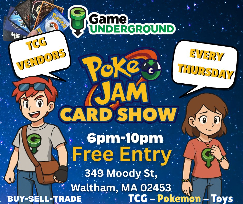 COMPLETELY FREE ALL AGES EVENT!

Tomorrow is our first ever Pokemon CARD SHOW 6p-10p at Game Underground ! We will have tons of vendors selling, buying, and trading Pokemon and other TCG Cards! 

Please come through, say hi, and see some extremely rare cards!