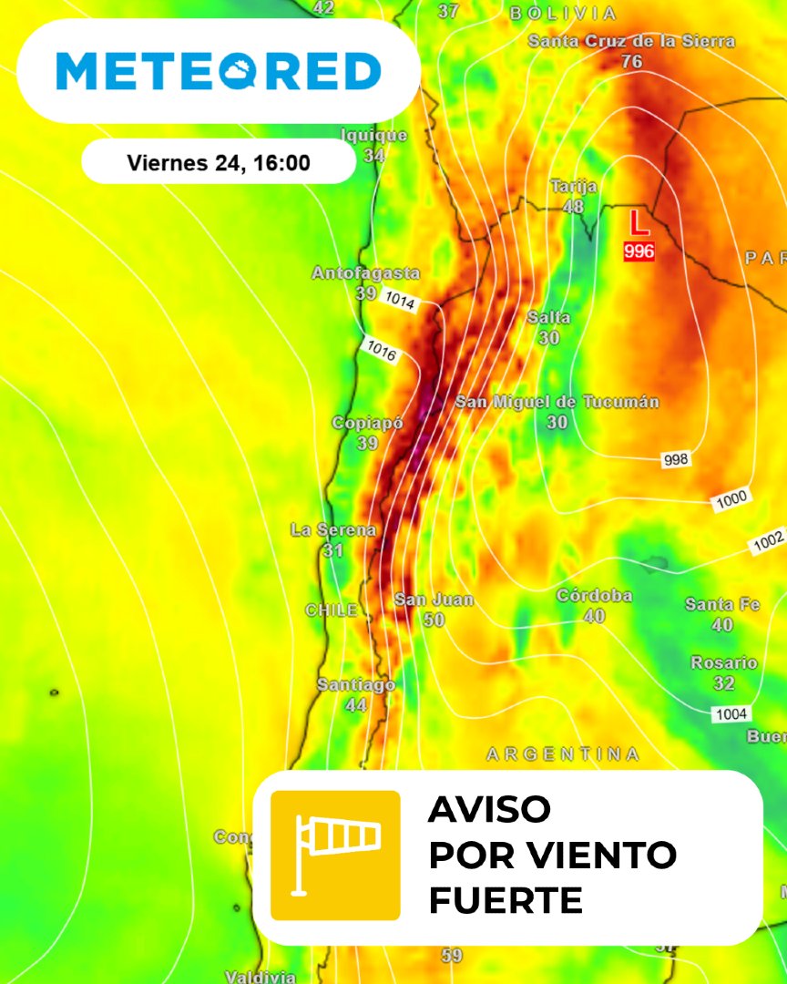 💨 Aviso DMC | #Viento normal a moderado este viernes 24 de octubre por #CorrienteEnChorro.

⚠️ Posible formación de tormentas de arena en cordillera de Tarapacá, Antofagasta y Atacama.

🌬️ Se esperan ráfagas entre 60 y 80 km/h.

Nuestros mapas: 👉🏻 i.mtr.cool/csvfzlbybf