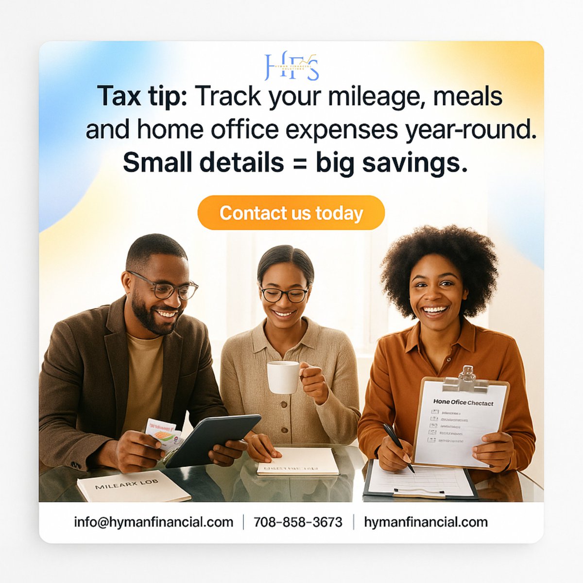 HymanFinancial's tweet image. 💡 Tax tip: Track your mileage, meals, and home office expenses year-round.

Small details = big savings at tax time. 💰

#TaxTips #CPATips #HymanFinancialSolutions #ChicagoCPA #TaxHelp