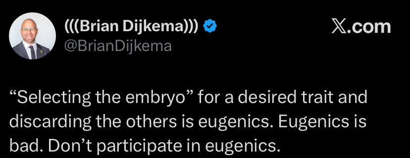 This sort of thing is why the anti-Hitler civic religion is bad. Embryo selection for intelligence is as close to a free lunch as we can get. It’s all upside. But that would be eugenics, and eugenics is Hitler, and Hitler defines evil. So this obviously good thing is actually bad