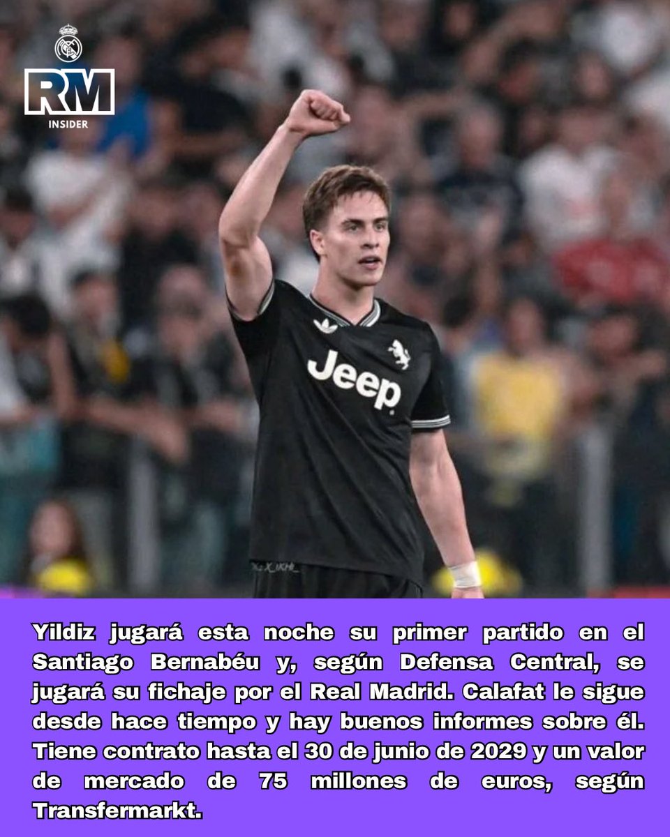 🚨 YILDIZ SE JUEGA HOY SU FICHAJE POR EL REAL MADRID 
 
  ⚽ #Yildiz jugará esta noche su primer partido en el Santiago Bernabéu

  ✅ Su valor de mercado es de 75 millones de euros y tiene contrato hasta 2029.

#RealMadrid #Juventus #RealMadridJuventus #Champions