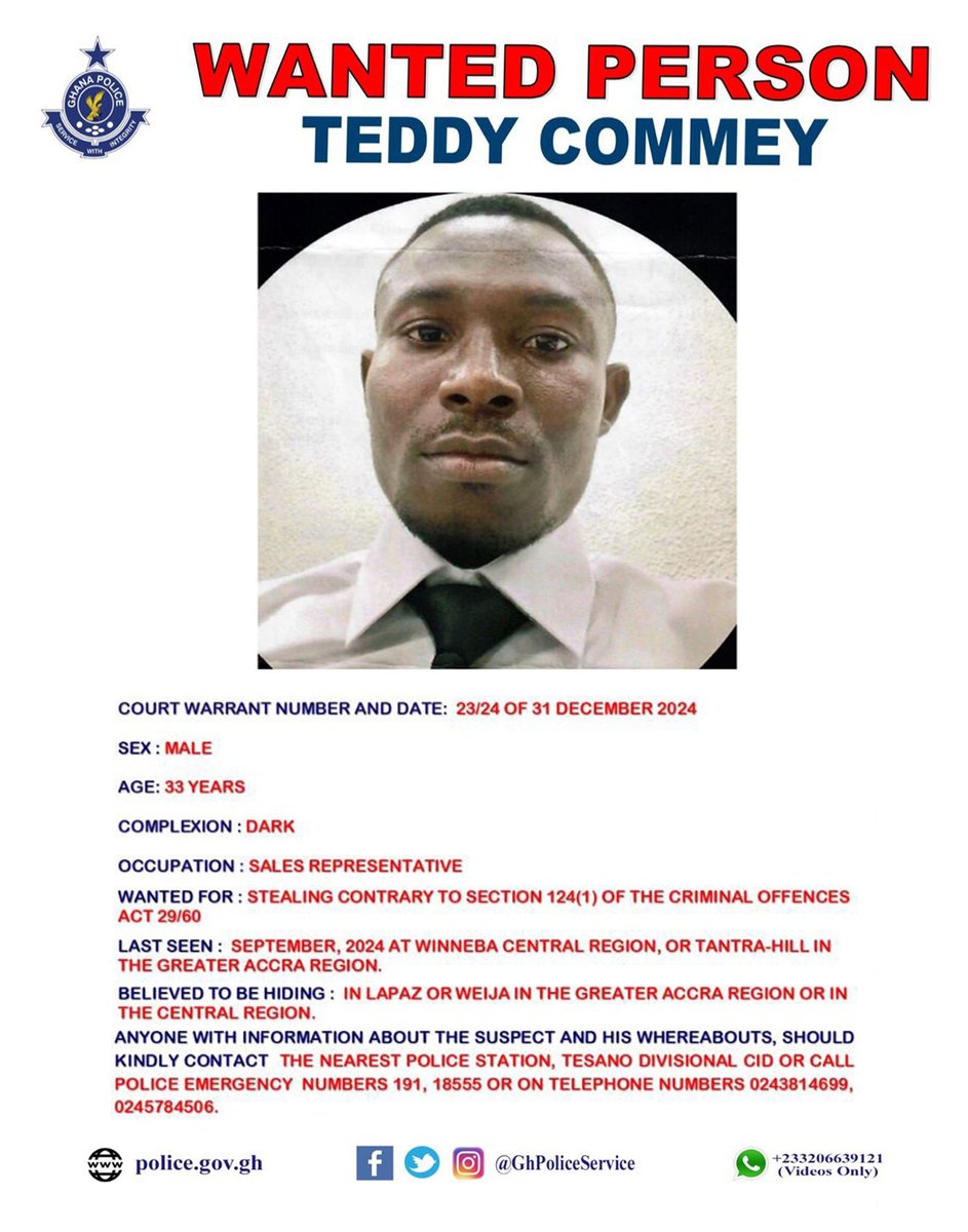 psdplusltd's tweet image. Members of the public with credible information about his whereabouts are urged to contact the nearest police station or call the official emergency numbers listed on the notice.
#GhanaPoliceService #PublicNotice #WantedNotice #CommunitySafety