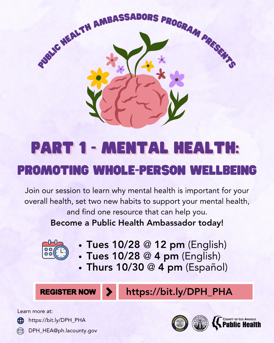 lapublichealth's tweet photo. Your mental health matters 💜 Join our Public Health Ambassadors session to learn new habits for wellbeing + discover helpful resources!
10/28 (English) at 12 pm or 4 pm | 10/30 at 4pm (Español)
🔗 https://t.co/4WnxgP3W56
#MentalHealth #PublicHealth #LACDPH https://t.co/bTIerwpiuz