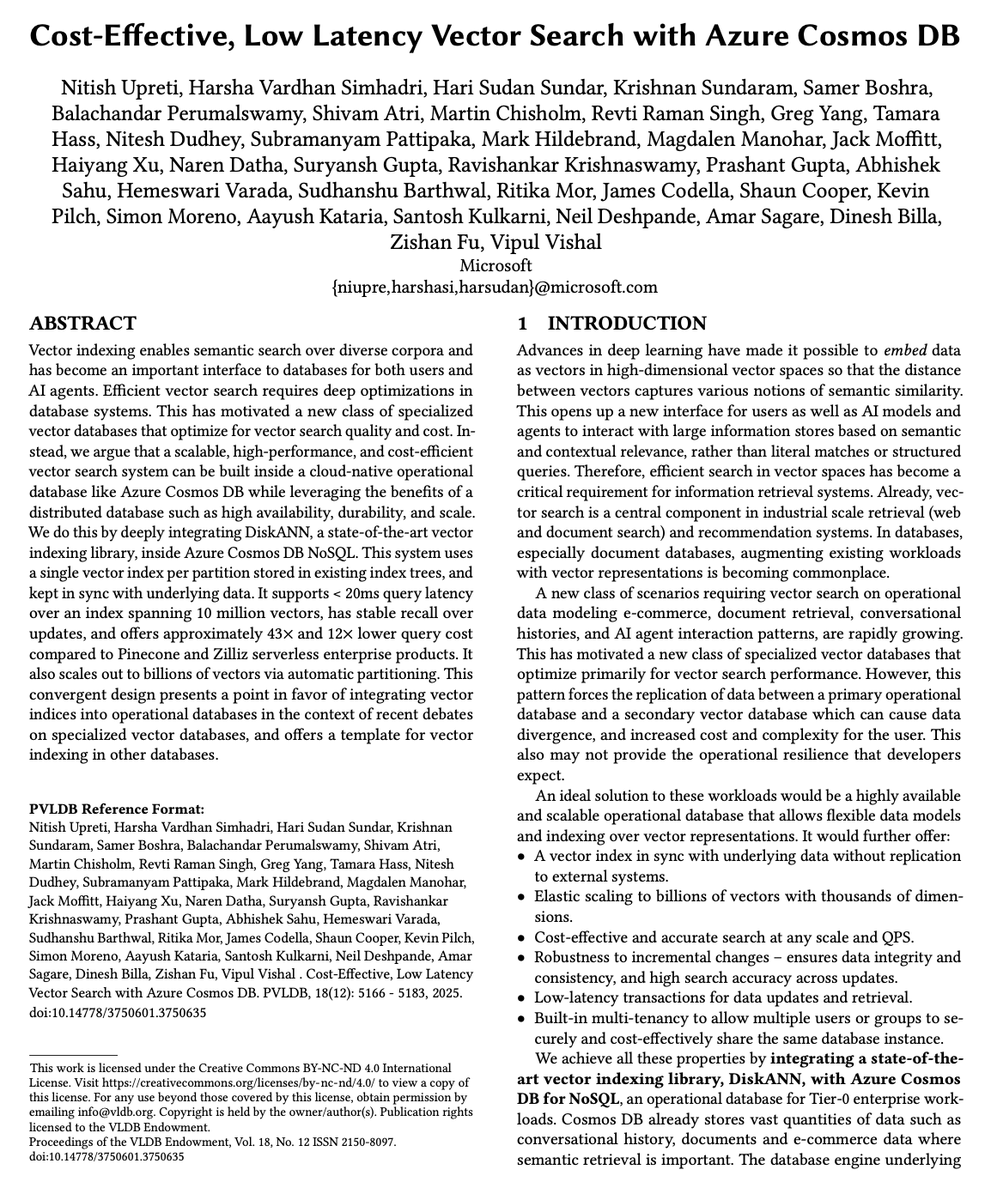 debasishg's tweet image. Some serious research work led to low latency vector search integrating DiskANN with Azure CosmosDB .. a great talk from Magdalen Manohar of Microsoft at #P99Conf #ScyllaDB.

Maintenance of vector index is done by storing the terms representing the vector index on a Bw-Tree index…