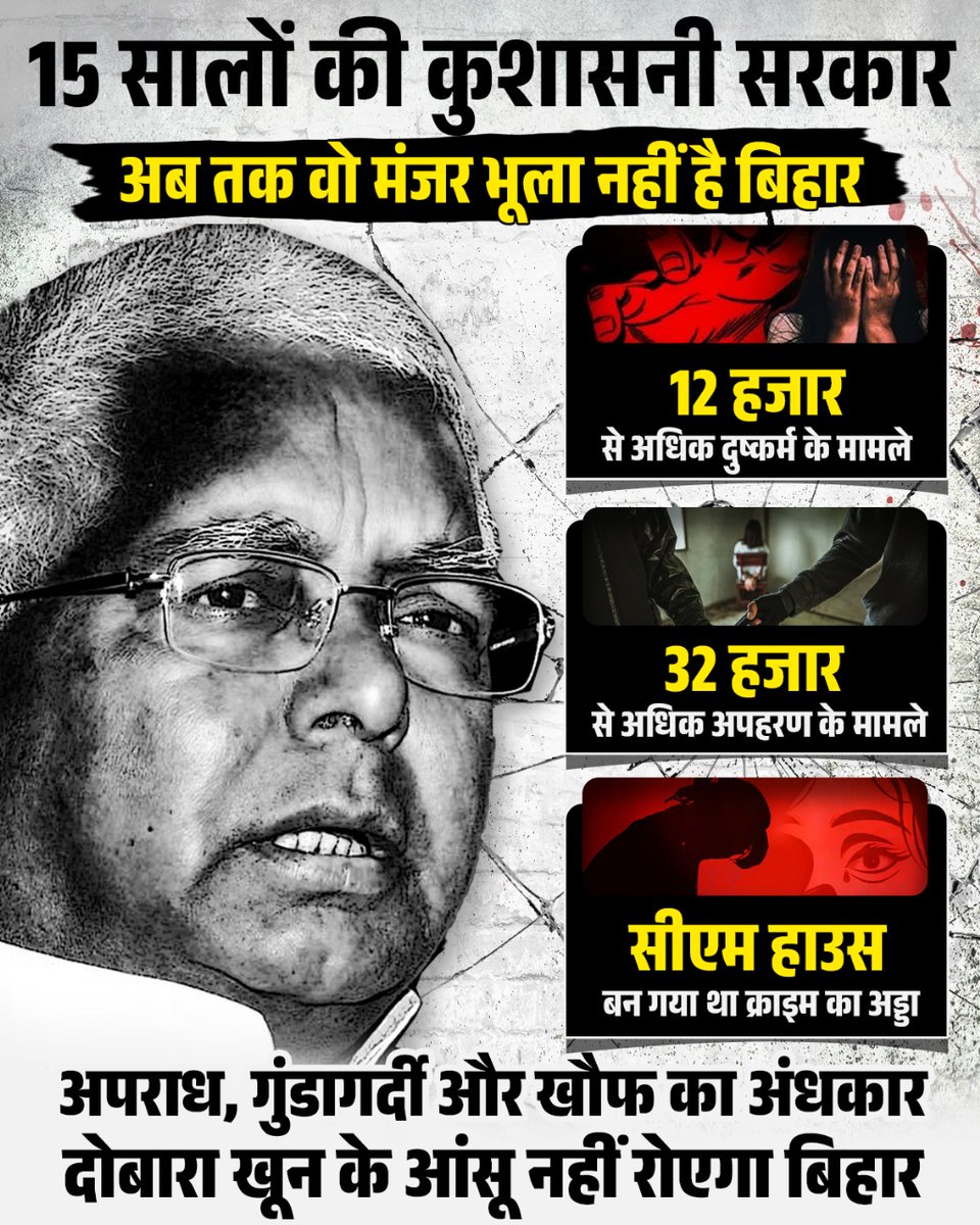 दुष्कर्म, अपहरण और चारों ओर दहशत —
15 सालों की कुशासनी सरकार का वो मंजर अब तक भूला नहीं है बिहार!

जनता ठान चुकी है — अब कभी लौटने नहीं देगी जंगलराज।

#BhulegaNahiBihar