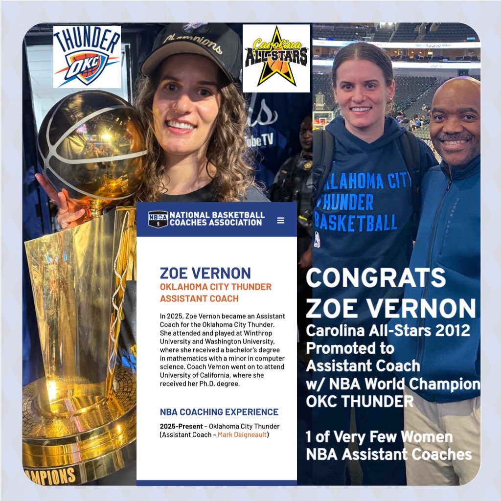 carolinallstars's tweet image. Congratulations Carolina All-Stars 2012 ZOE VERNON Promoted to Assistant Coach with NBA World Champion @okcthunder 

1 of very few Women NBA Assistant Coaches. We are so proud of Zoe. Zoe is Durham, NC native; played D1 Winthrop &amp;amp; D3 Washington Univ. Earned PhD from Cal Berkeley.