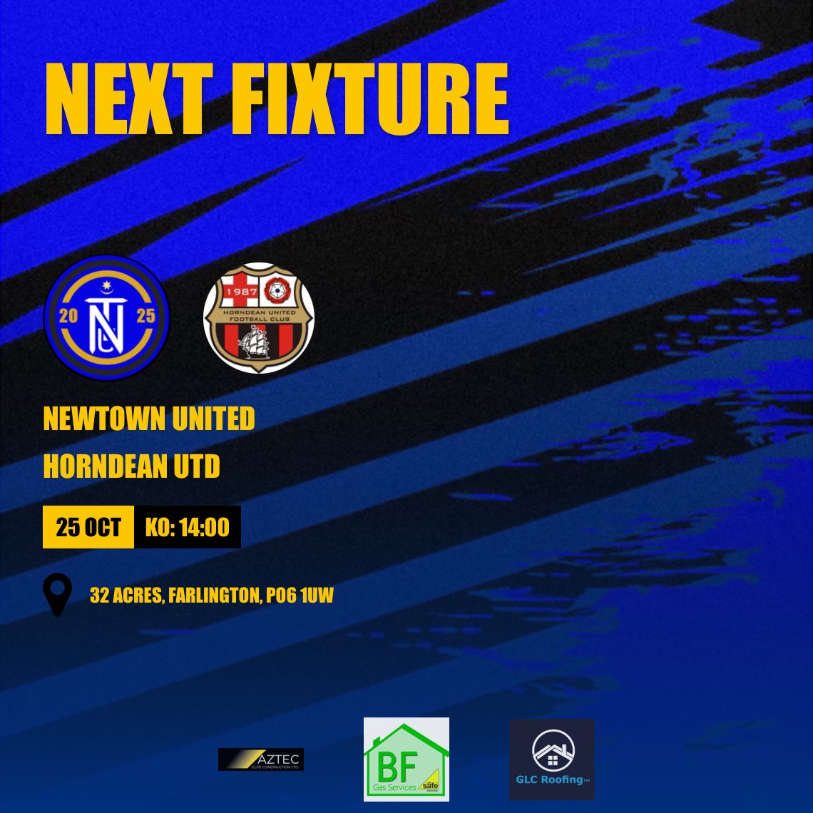 🏆 <a href="/MidSolent/">Mid Solent Adult League</a> League 
🆚 <a href="/Horndean_Utd/">Horndean United FC</a> 
📍32 Acres 
🍻 Bar hatch open
🍔 Food available 
🎟️ Free