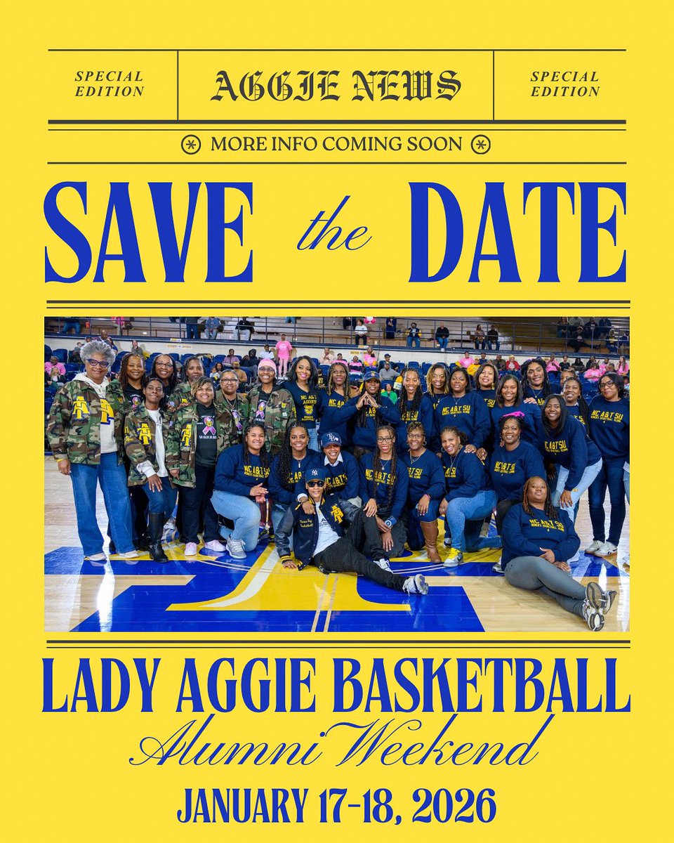 Save the date! 🗓️

Lady Aggie Basketball Alumni Weekend is set for January 17–18, 2026! Join us in Greensboro for a weekend of fellowship, celebration, and fun! 💙💛

More details coming soon!

#AggieWBB 💙💛 #Commit2Grit #WeAboveMe #LevelUp #BeUncommon #AlumniWeekend #AggiePride