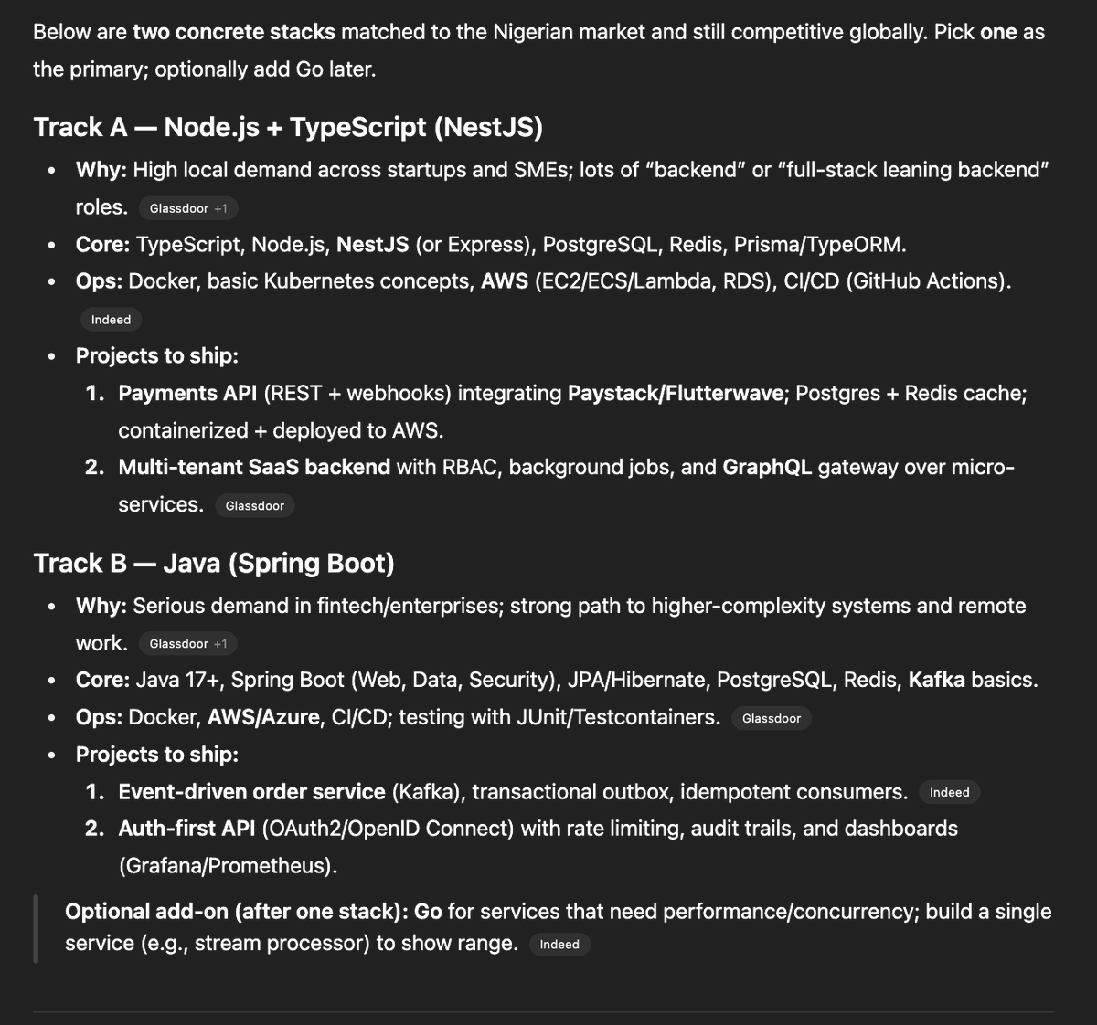 Benn_X1's tweet image. So I asked ChatGPT to scrape job boards and research on the most in-demand backend stacks in Nigeria, and this is what I got.
If you notice, the barrier to entry is now higher.
This is for entry-level roles by the way.