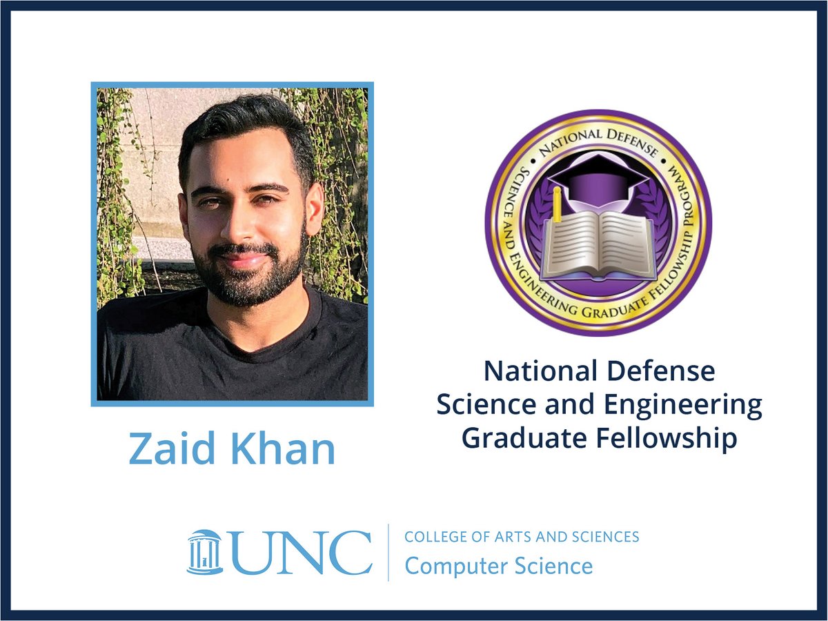 unccs's tweet image. 🎉 Congratulations to our student Zaid Khan (advised by @mohitban47) for being awarded a prestigious NDSEG Fellowship for his work on environment generation!
Established in 1989, the fellowship has an acceptance rate of &lt;7% and covers diverse science and engineering disciplines.