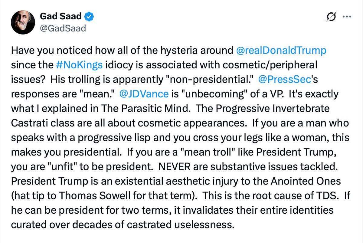 ¿Te has dado cuenta de que toda la histeria que rodea a realDonaldTrump desde la idiotez del NoKings está relacionada con cuestiones superficiales y secundarias? Al parecer, sus provocaciones son «poco presidenciales». Las respuestas de PressSec son «maliciosas». JDVance es