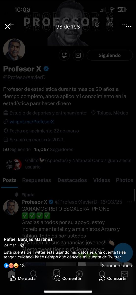 Quiero reportar públicamente que @ProfesorXavierD no es quien dice ser.

La persona real ya lo ha denunciado múltiples ocasiones por Facebook.

También asegura que el “Profesor Xavier” presume de que su amada “esposa” falleció.

El verdadero el Profe Rafa jamás estuvo casado y