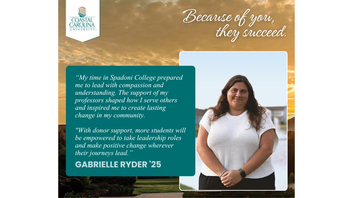 Spadoni students are preparing to lead, serve, and make a lasting impact. Your support makes stories like Gabrielle's possible: coastal.edu/scoess/support
#TealNation #SpadoniCollege #CCUGiving #FutureLeaders