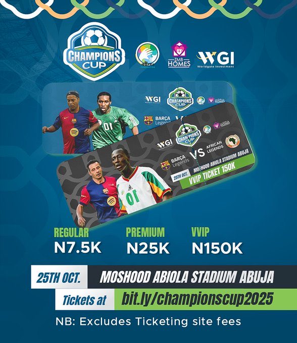 The wait is almost over! In just three days, football fans across Africa and beyond will witness one of the most thrilling charity matches ever, the Champions Cup, live at the MKO Abiola National Stadium, Abuja.

This unforgettable encounter will see the Barcelona Legends,