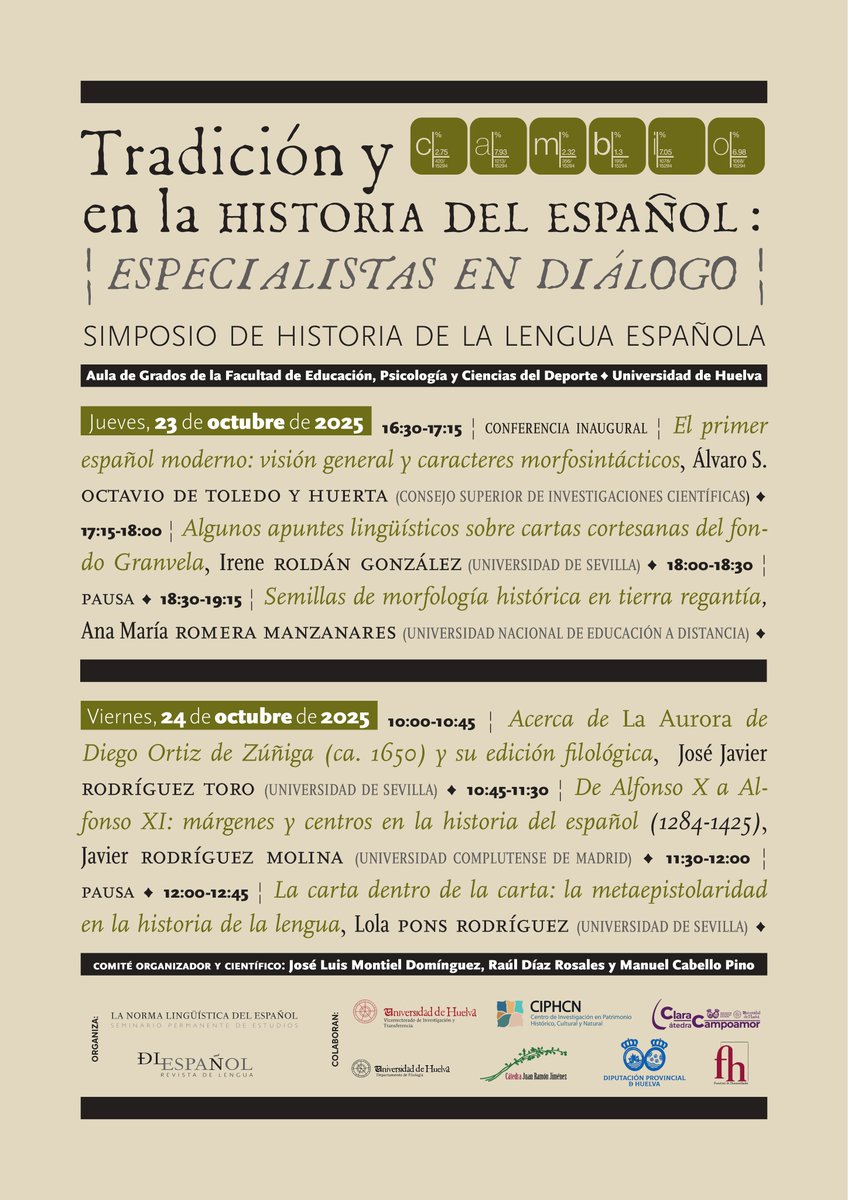 Historia152's tweet photo. Mañana (jueves 23) y el viernes 24 se celebra en la @UniHuelva el simposio "Tradición y cambio en la historia del español: especialistas en diálogo", donde Historia15 estará presente con las comunicaciones de Lola Pons, Ana Romera e Irene Roldán. 
El cartel completo es: https://t.co/HyPhDOB0Rk