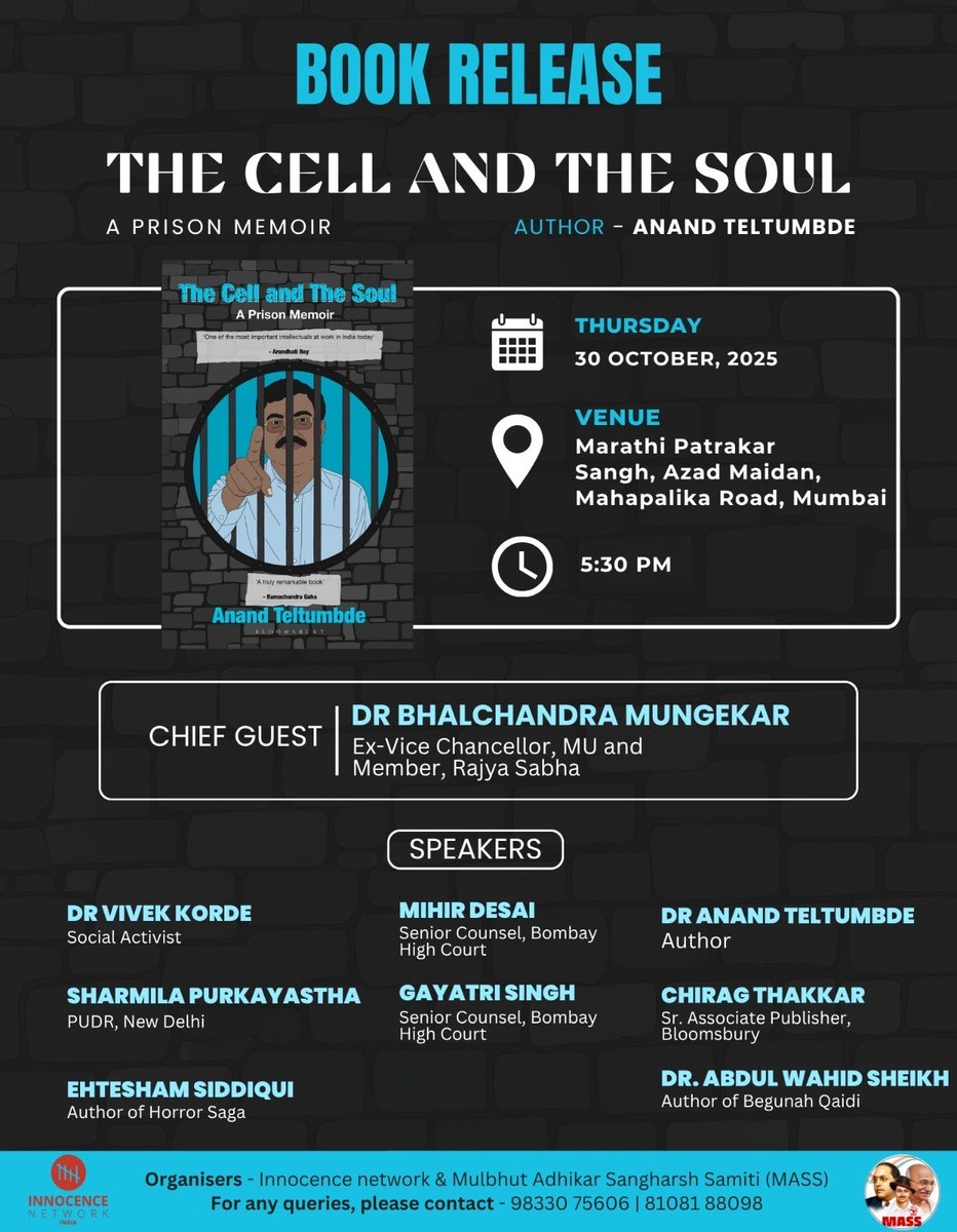 Mumbai, pull up! In his new book, scholar-activist Anand Teltumbde turns 31 months behind bars into a searing account of caste, class, cruelty, and the human bonds within India’s broken prison system.

Join us for the book launch.