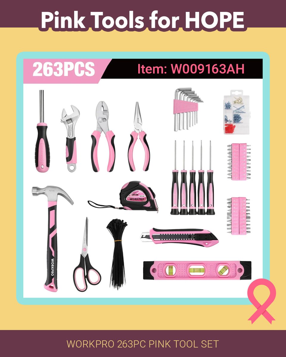 workpro_tools's tweet image. 💪🩷 Pink tools, big impact! Our pink 263-piece set is ideal for home fixes!  Learn about our partnership with @nbcf here: bit.ly/46MksgB
🩷 Find yours here!👉 amzn.to/3LhCWNm Item #W009163AH #PinkToolsforHOPE
#workprotools #nbcf #proudpartners #pinktools