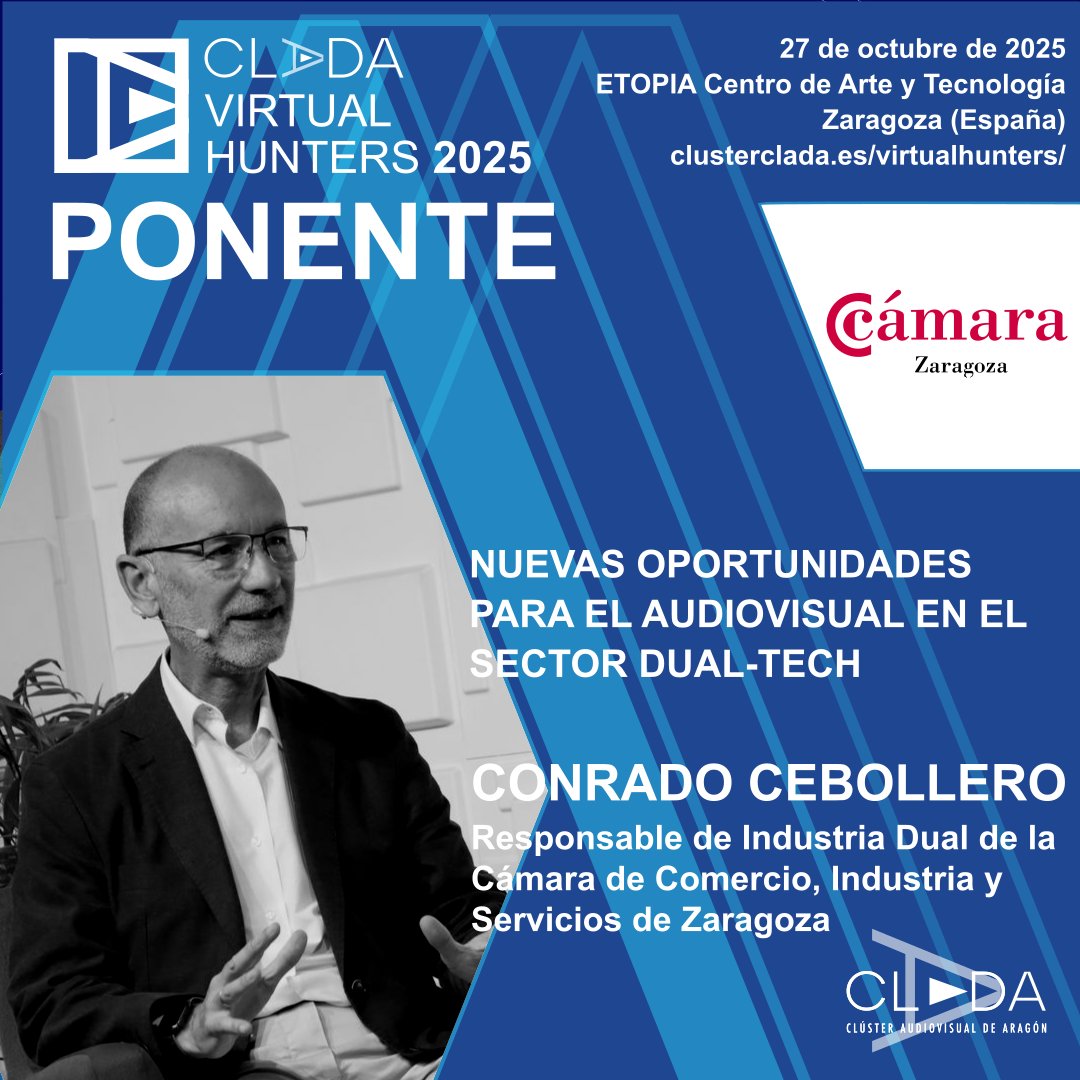Conrado Cebollero,  Responsable de Industria Dual en
<a href="/camarazaragoza/">Cámara Zaragoza</a> uno de los protagonistas de #VirtualHunters2025 
📅 27 de octubre de 2025 clusterclada.es/virtualhunters/ 

#CLADA #Audiovisual #Innovación #IA #ProducciónVirtual #Videojuegos #Tecnología