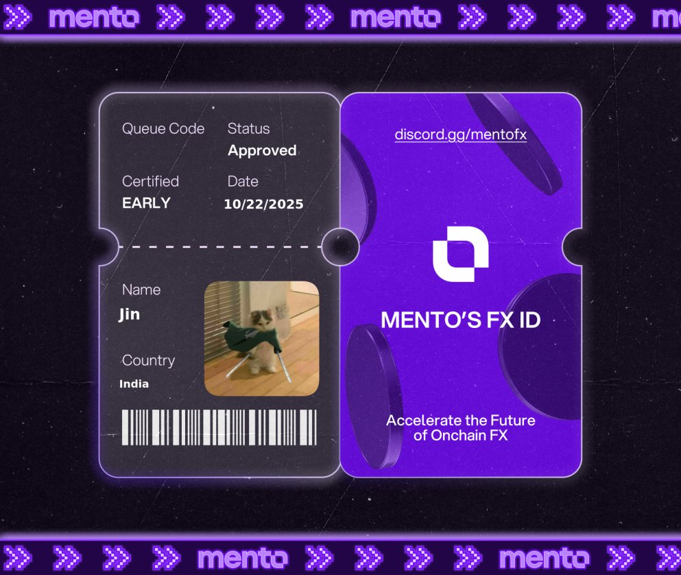 $7.5T moves daily in TradFi FX. 

Now it moves onchain with <a href="/MentoLabs/">Mento (fx/acc)</a>, and I’m part of it.

Claimed my FX ID.

Claimed my FX ID. You? 

 → discord.gg/mentofx