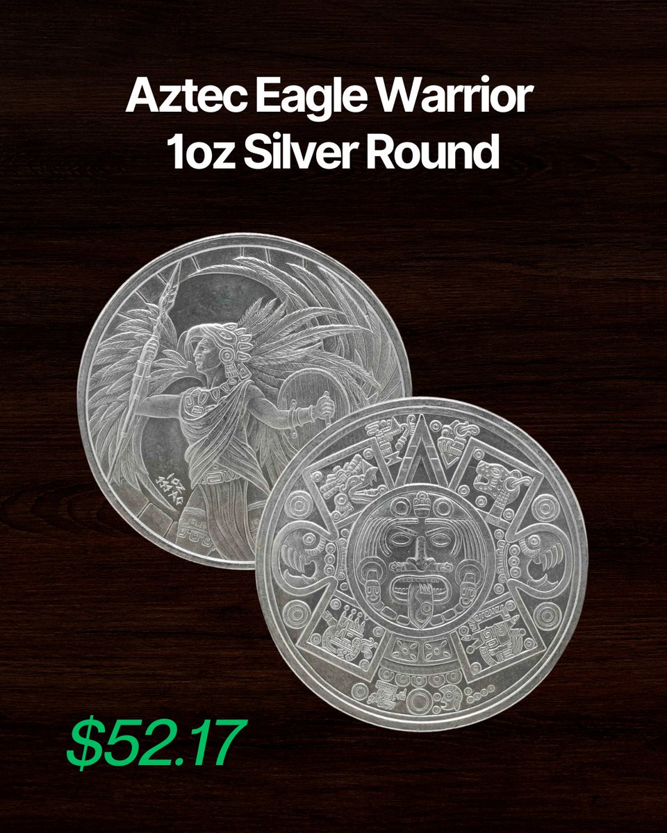 peer_metals's tweet image. $52.17 Aztec Eagle Warrior — 1 oz Silver.

1 oz .999 silver.

Detailed warrior design.

Display it or stack it.

#Silver #Stacking