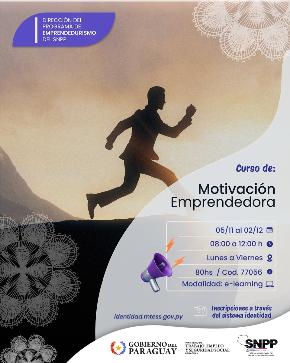 CEE_Paraguay's tweet photo. 🎓 ¡Cursos Noviembre! 🚀

Desde la Dirección del Programa de Emprendedurismo del SNPP, te presentamos nuestra oferta de cursos gratuitos y 100% a distancia.🔗 
¡Inscribite ya!

👉 https://t.co/oYNNPuNYWn

#GobiernoDelParaguay https://t.co/I0B0Bg1bS6