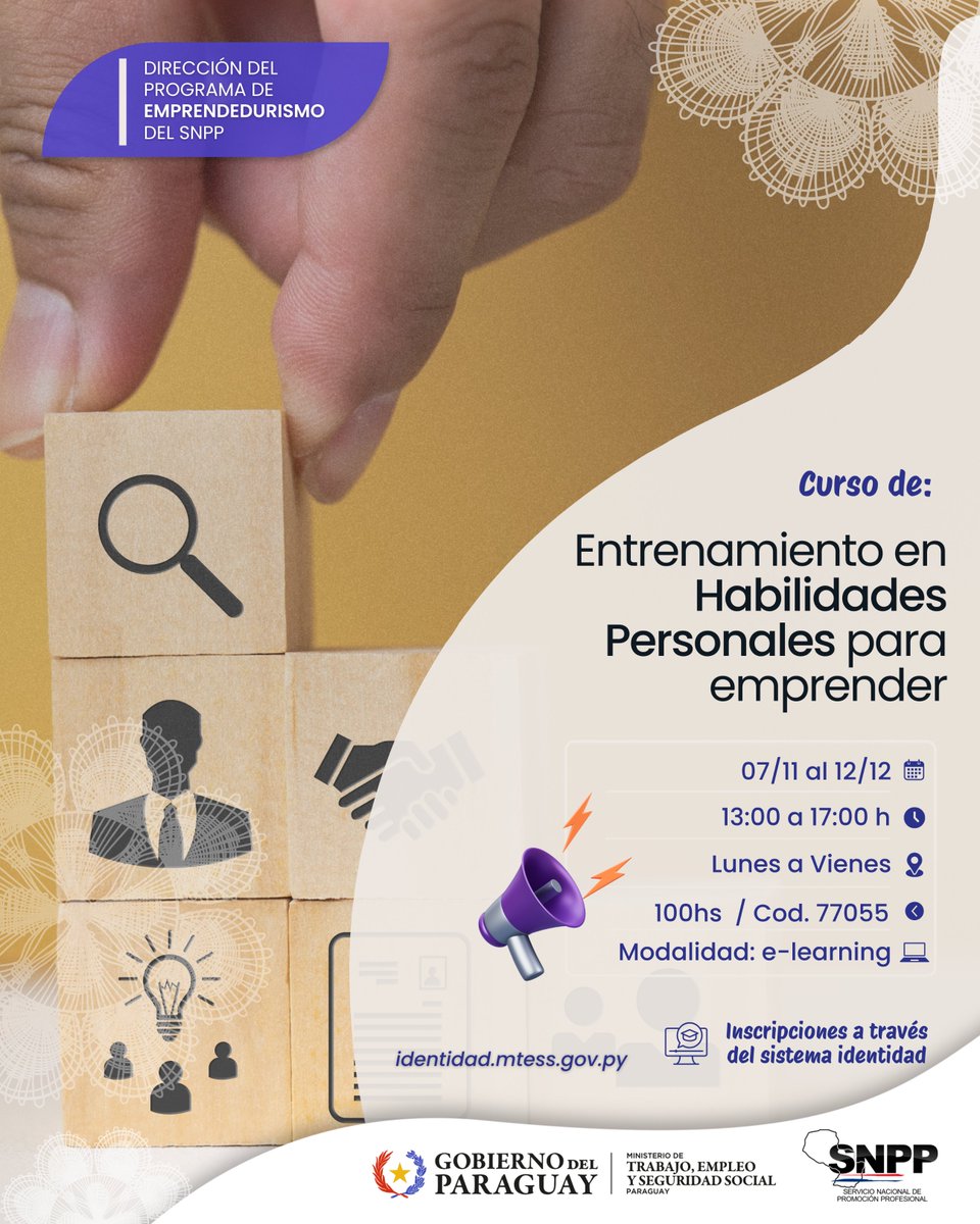 CEE_Paraguay's tweet photo. 🎓 ¡Cursos Noviembre! 🚀

Desde la Dirección del Programa de Emprendedurismo del SNPP, te presentamos nuestra oferta de cursos gratuitos y 100% a distancia.🔗 
¡Inscribite ya!

👉 https://t.co/oYNNPuNYWn

#GobiernoDelParaguay https://t.co/I0B0Bg1bS6