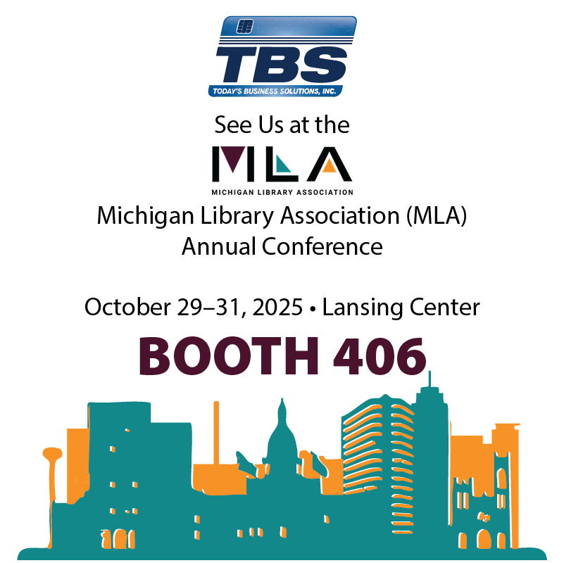 TBS_SingleCard's tweet image. Michigan Library Association Annual Conference
Oct 29–31, Lansing Center Booth 406 - Join hundreds of library professionals as we network, learn, and celebrate the future of library service. #MLA2025 #LibraryTechnology #TBS #ScanEZ #ePRINTit #MyPC #EasyBooking #PaperCutMF