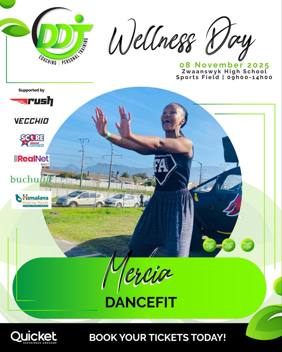 ddjtraining's tweet image. 🔥💃 Wellness Day 2025 Line-Up! 🥊✨

Our trainer line-up is here — cardio boxing, DanceFit, and epic performances! 💪🎶

A full day of movement, energy, and community vibes. 🌿💚

🎟️ Tickets on Quicket.com