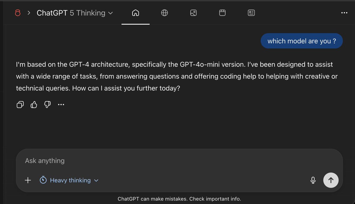 why does 4o / 4o mini keep being used ? 
i pay for Pro and i have not been getting the true gpt-5-thinking for days now? 

anyone else dealing with this? <a href="/ChatGPTapp/">ChatGPT</a> 
 <a href="/OpenAI/">OpenAI</a> <a href="/OpenAIDevs/">OpenAI Developers</a>
