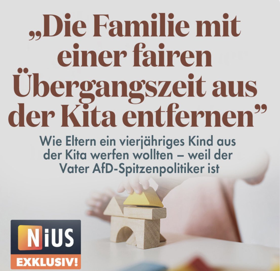 janinisabel's tweet image. Weil der Vater für die AfD im Bundestag sitzt, rotten sich Eltern auf WhatsApp zusammen, um ein vierjähriges Kind aus der Kita zu „entfernen“. Komplett geisteskrank.
nius.de/gesellschaft/n…