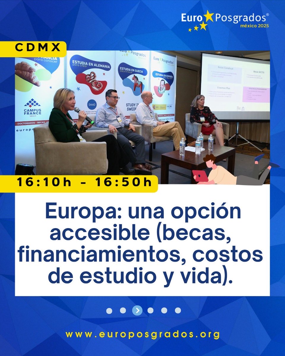 EuroPosgradosmx's tweet photo. 🌍 ¿Te gustaría estudiar en Europa pero no sabes por dónde empezar?

En EuroPosgrados podrás asistir a conferencias con expertos europeos que te orientarán sobre becas, estudios e investigación.

Estas son solo algunas de las que podrás disfrutar. https://t.co/C9P0qLTaTs