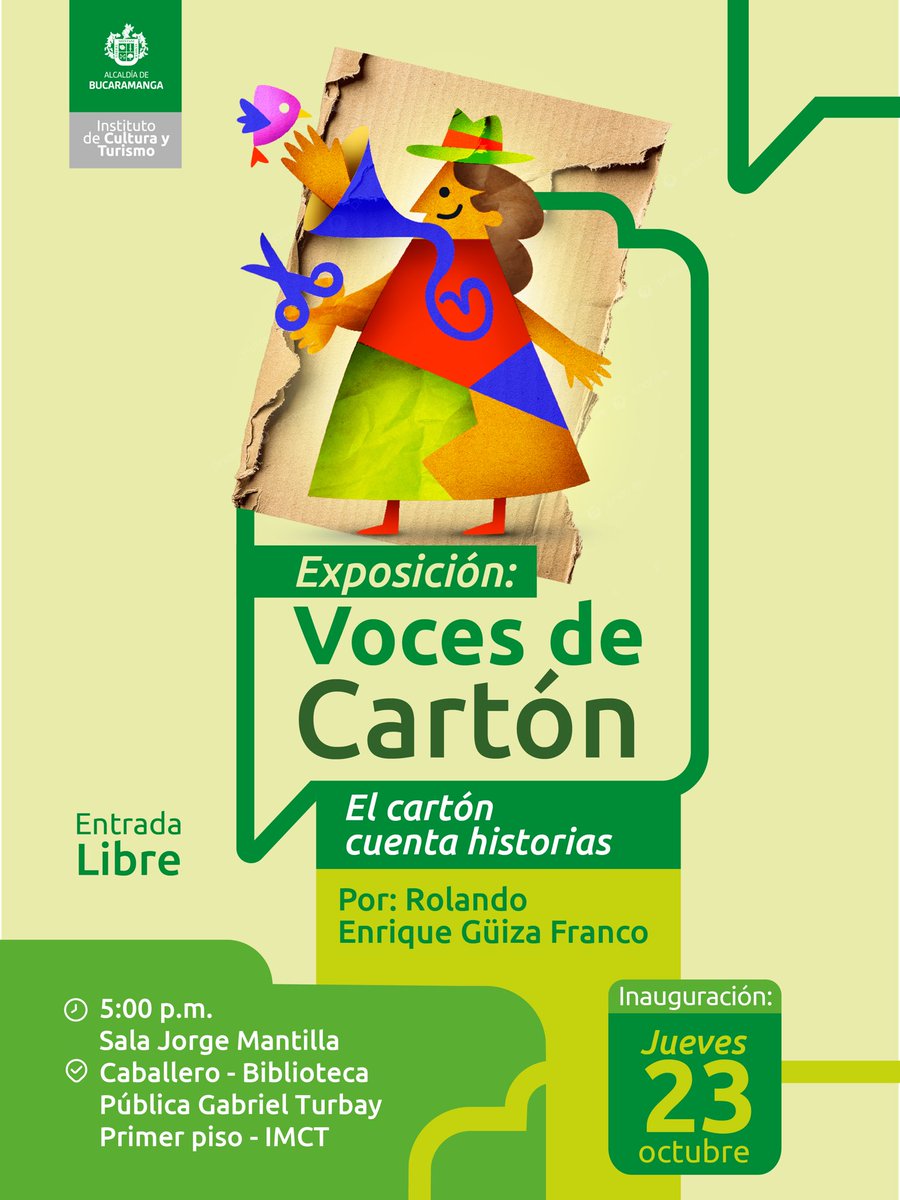 ¡Inauguración de la exposición: “Voces de cartón: el cartón cuenta historias”! 🎭🖼️

Una exposición del maestro Rolando Enrique Güiza Franco. ¡Los esperamos, entrada libre! 😁🏛️

⏰ 5:00 p.m. 
📍 Sala Jorge Mantilla Caballero, primer piso del IMCT.