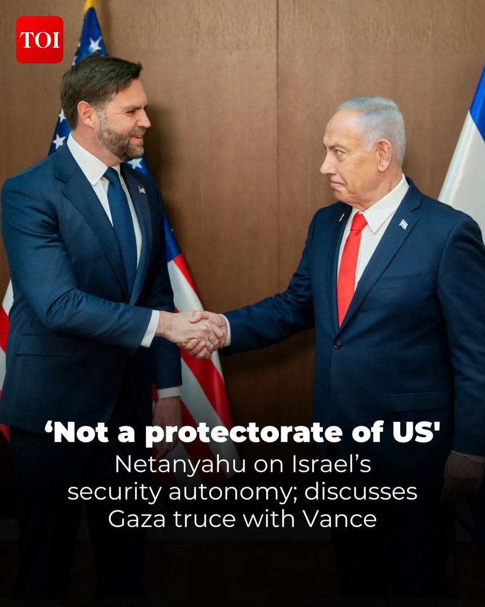 timesofindia's tweet image. Israeli Prime Minister #BenjaminNetanyahu asserted #Israel&apos;s security independence from the #UnitedStates. This comes as US Vice President JD Vance visits to discuss #Gaza&apos;s fragile ceasefire. 

More details🔗 toi.in/aPazba

#IsraelUS #JDVance #Netanyahu #Gaza