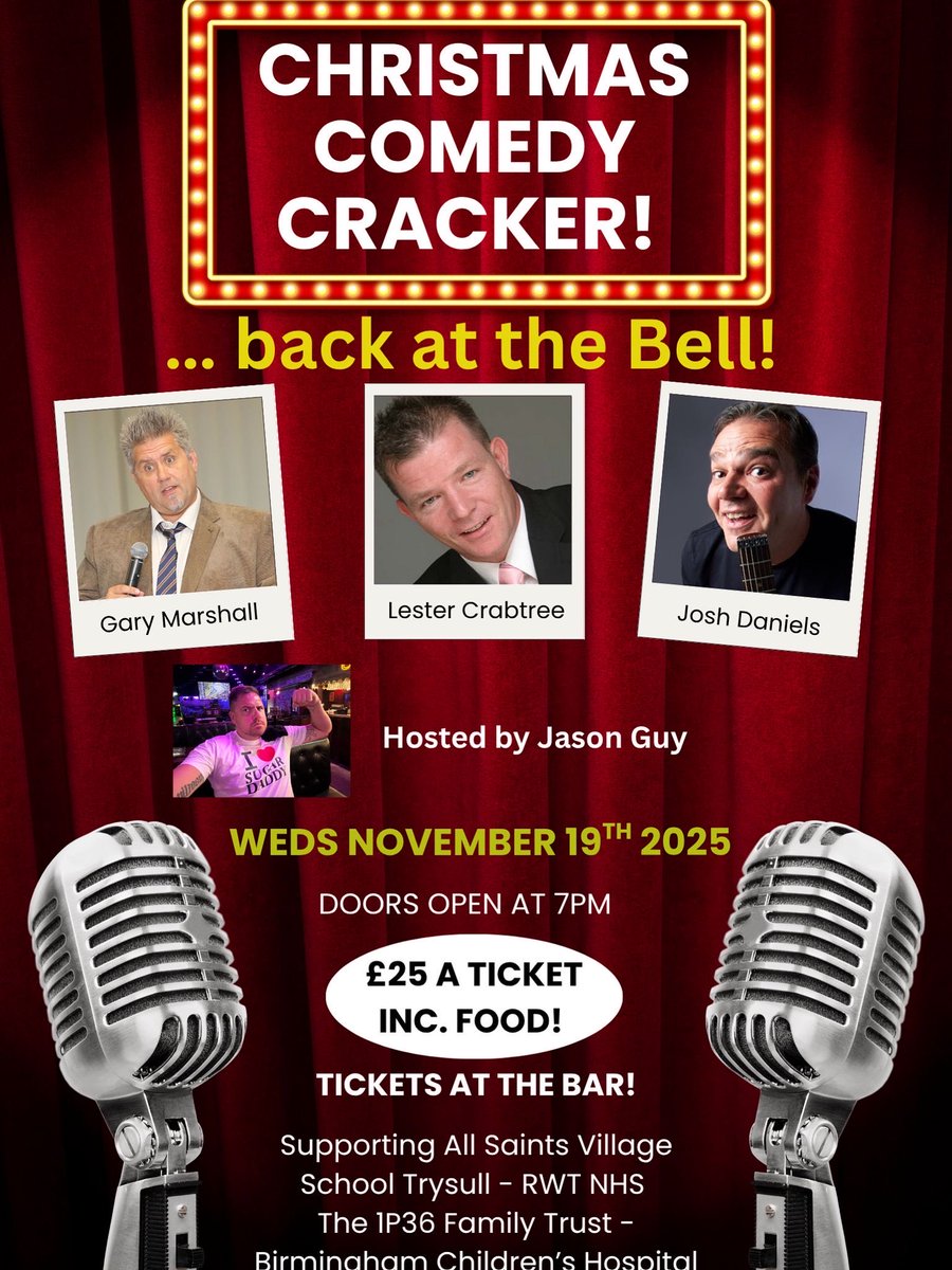 Il be hosting this charity comedy night at The Bell in Trysull - my local!

(Always support your local!)

Raising money for some great causes with three AMAZING comics!

DM me for tickets!

The last one we did sold out very quickly and was a CRACKER! 🙌🙌