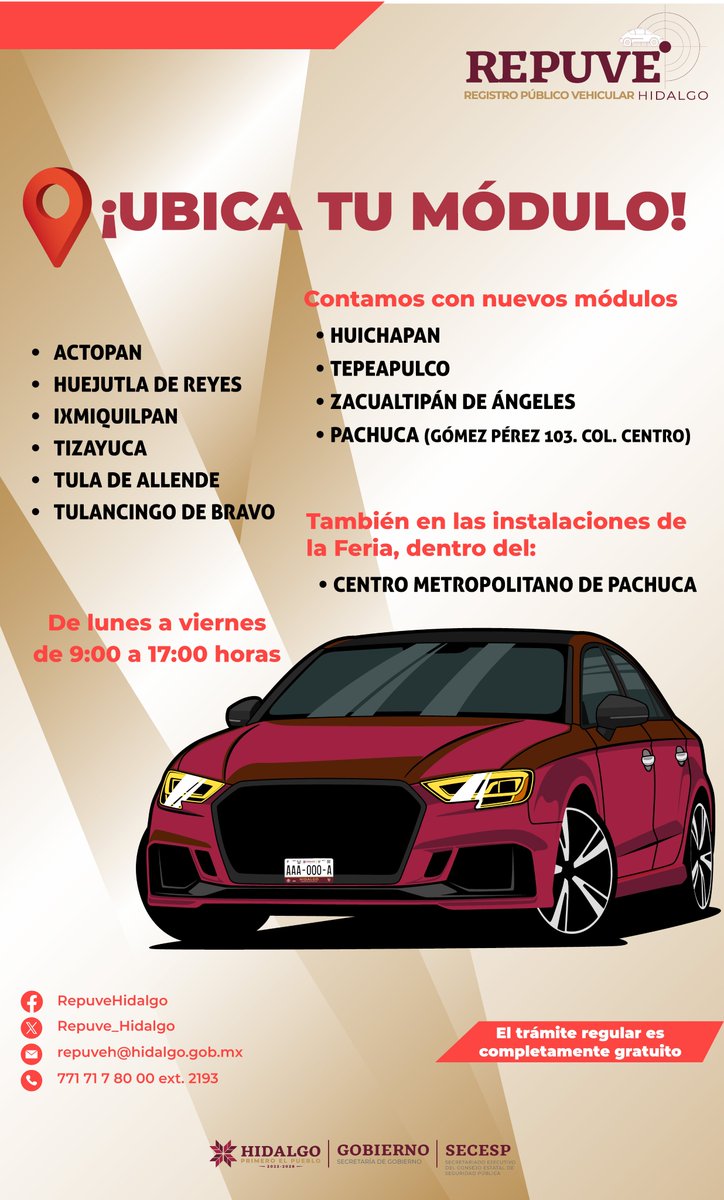 Repuve_Hidalgo's tweet image. 🚨 ¡No dejes pasar esta oportunidad! 

Registra tu vehículo en el módulo #REPUVE más cercano.  

✅Es rápido, fácil y totalmente gratuito.  

🔴 Acércate a los módulos del REPUVE Hidalgo y cumple con este importante trámite.