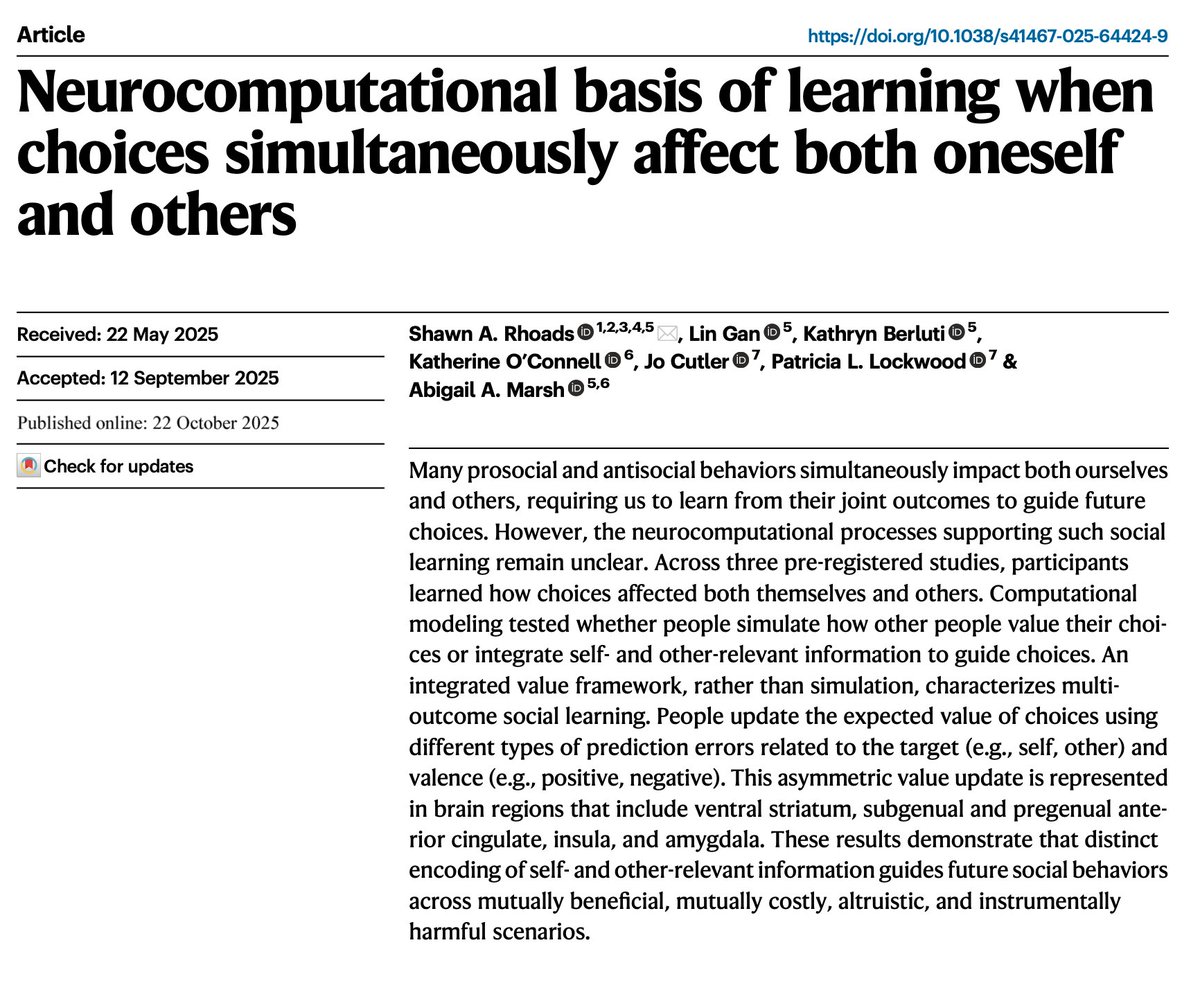 New neurocomputational learning paper out by <a href="/shawnrhoadsphd/">Shawn Rhoads</a> <a href="/thepsychologist/">Patricia Lockwood</a> <a href="/BerlutiKathryn/">Kathryn Berluti</a> and others in <a href="/NatureComms/">Nature Communications</a>. The central question is: how do people learn from information that their behavior has resulted in benefits/harm to themselves AND someone else?