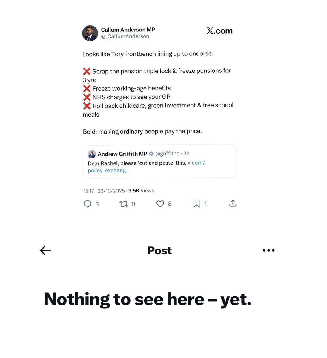 _CallumAnderson's tweet image. 3.17pm: senior Tory shadow cabinet minister appears to back freezes to the state pension & charges to see your GP.
5.17pm: “nothing to see here.”
Tory economic policy, in a nutshell.