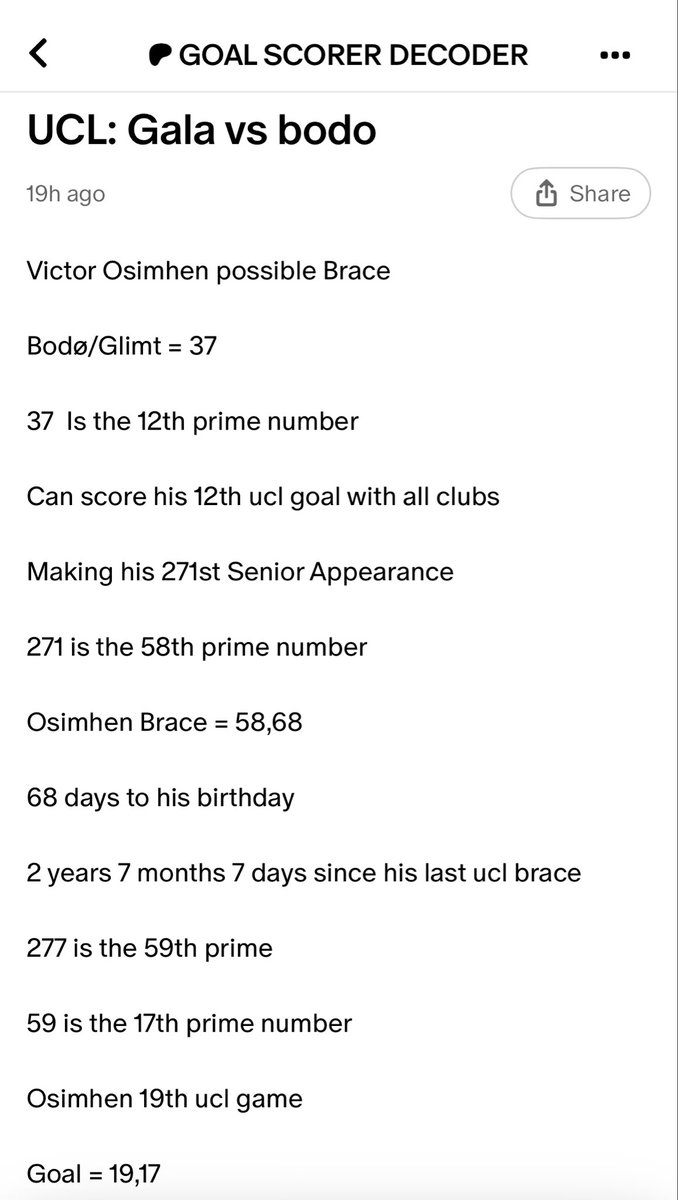 JamaicanDecoder's tweet image. Victor Osimhen possible Brace
Bodø/Glimt = 37
37 Is the 12th prime number
Can score his 12th ucl goal with all clubs
Making his 271st Senior Appearance
271 is the 58th prime number
Osimhen Brace = 58,68
68 days to his birthday