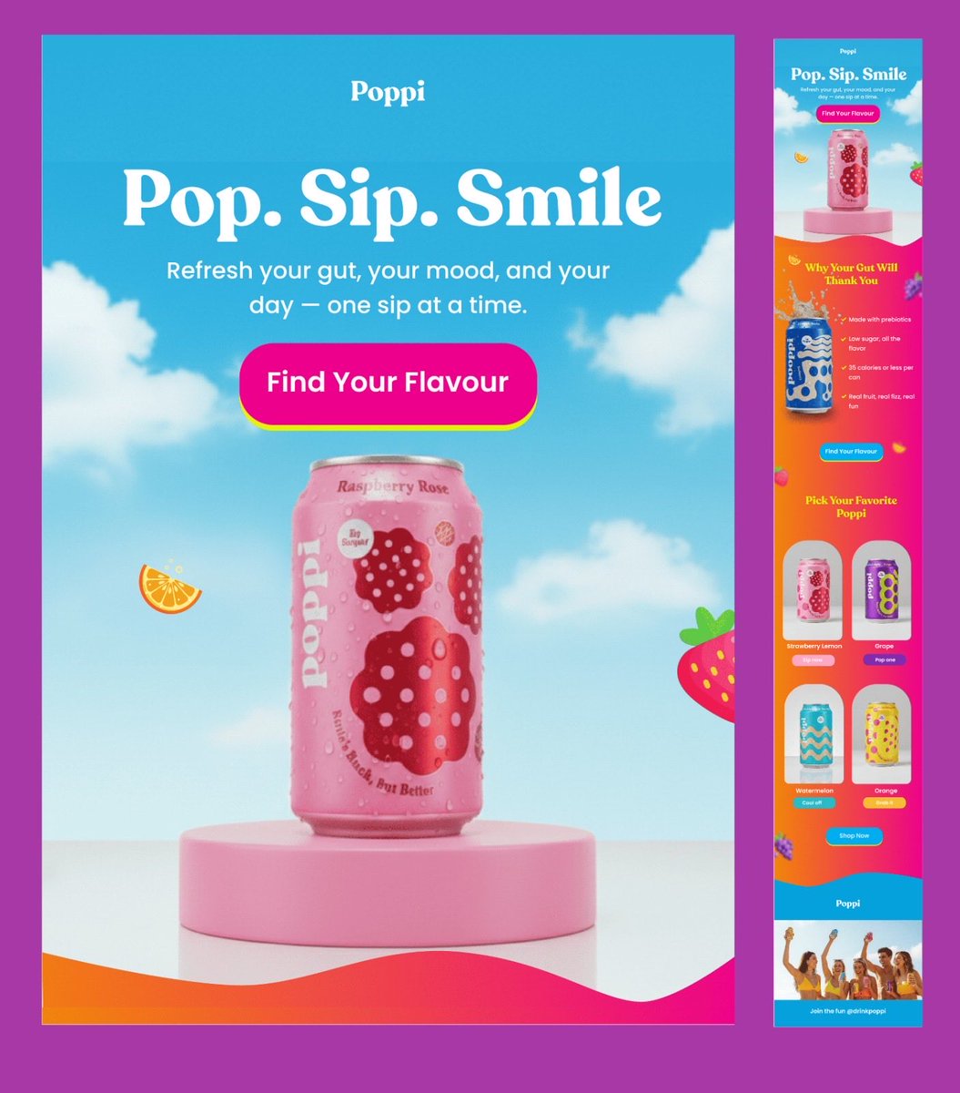 Khayrahdesigns's tweet image. Day 13 of my Email Design Challenge
Designed for @drinkpoppi bright, playful & full of personality
I love colors, and this one was pure fun to create
Hi, I’m Khayrah, an Email Designer and I’m currently open to internships
